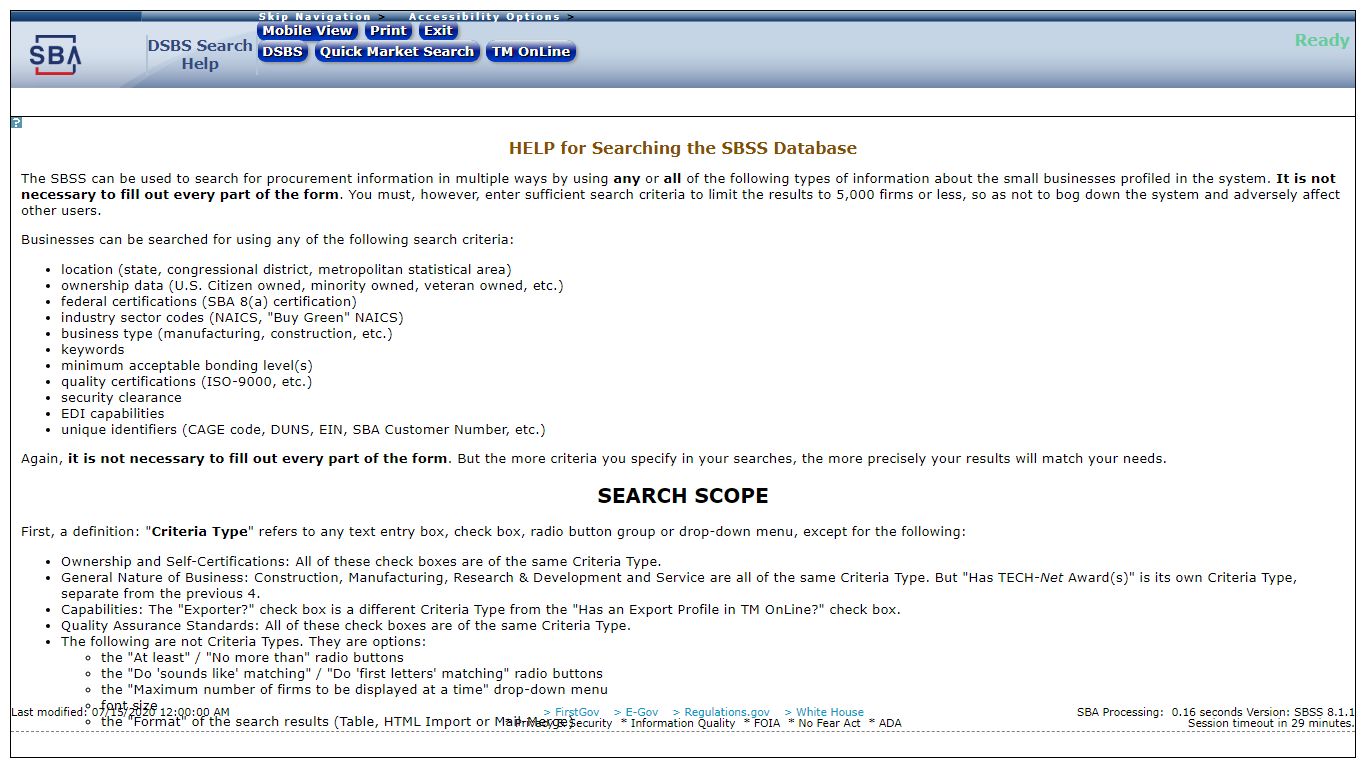 SBA - Search SBSS Database Help, Keywords - Small Business Administration
